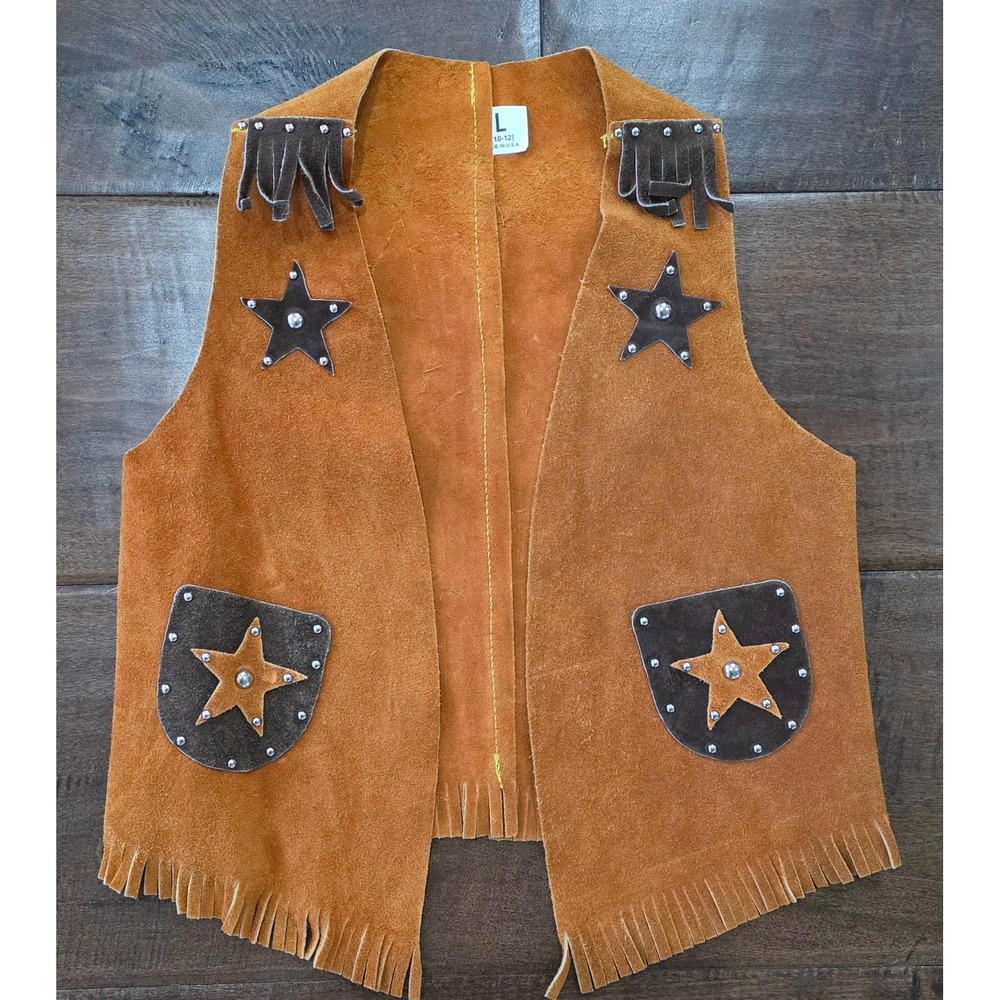 VTG 70s Western Rodeo Americana Suede Leather Fringe Studded Cowboy Vest 10/12 L